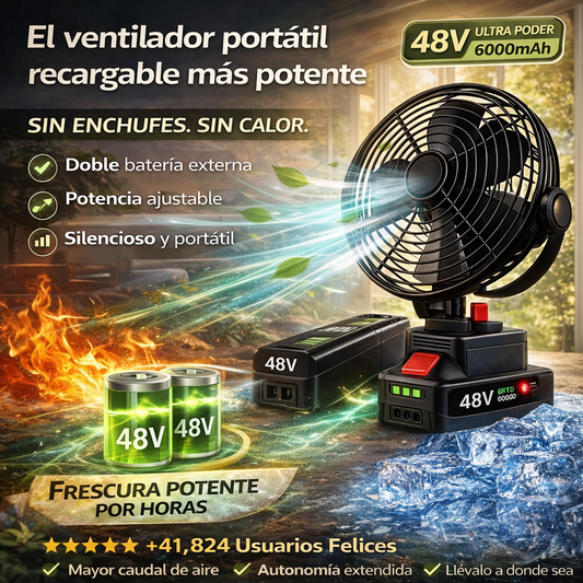 VENTILADOR RECARGABLE 48V CON DOBLE BATERÍA EXTERNA